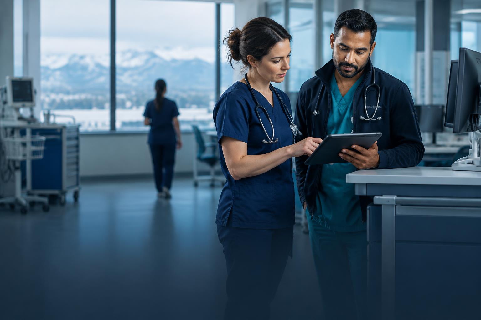 A nurse and clinician collaborating in a modern Alberta healthcare facility