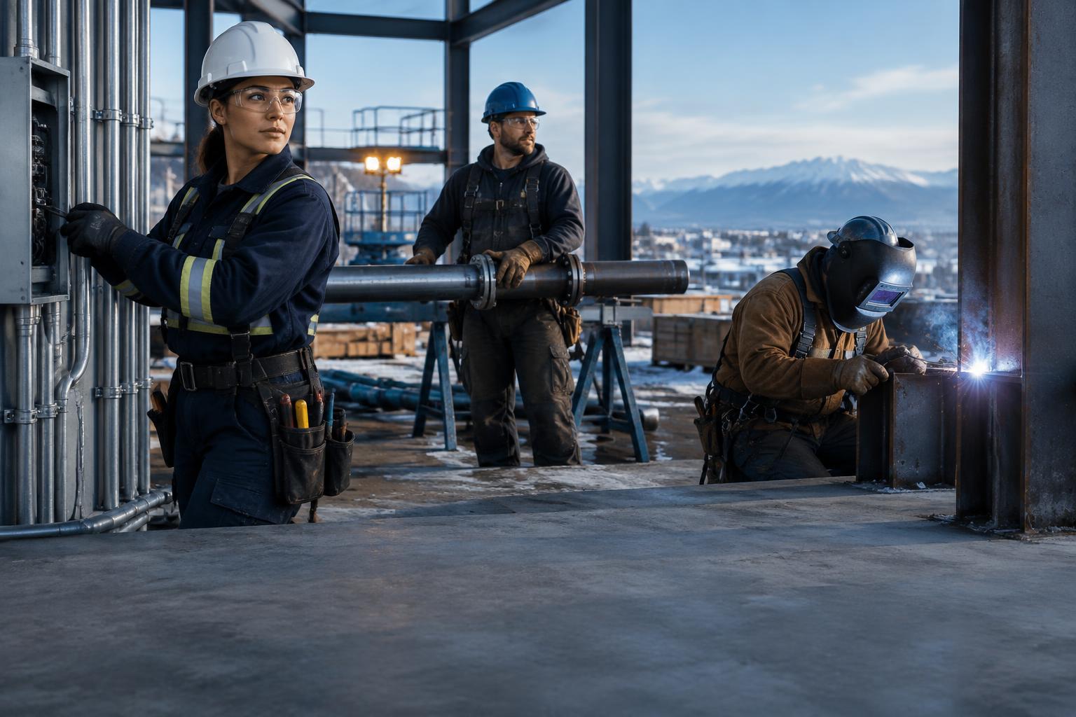 An electrician, pipefitter, and welder working on an Alberta construction site